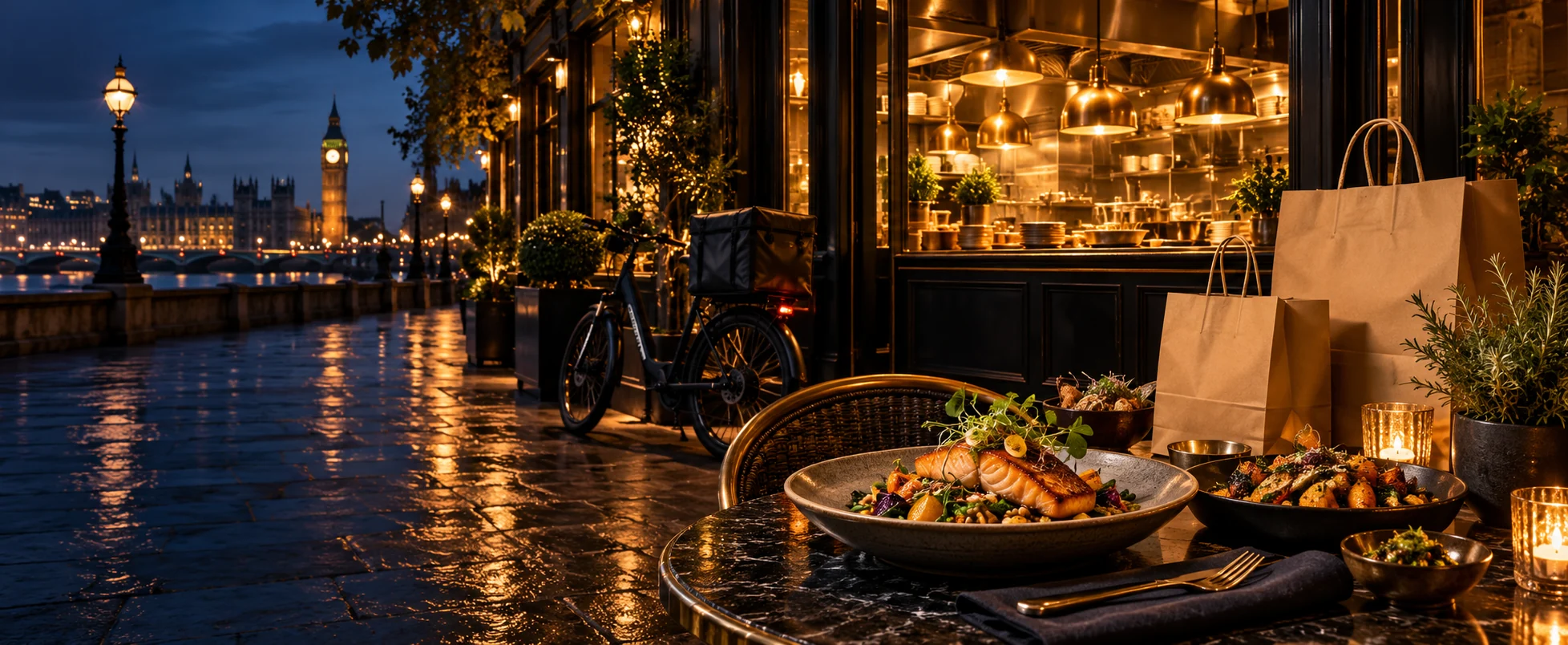 A warm London restaurant with food ready for delivery